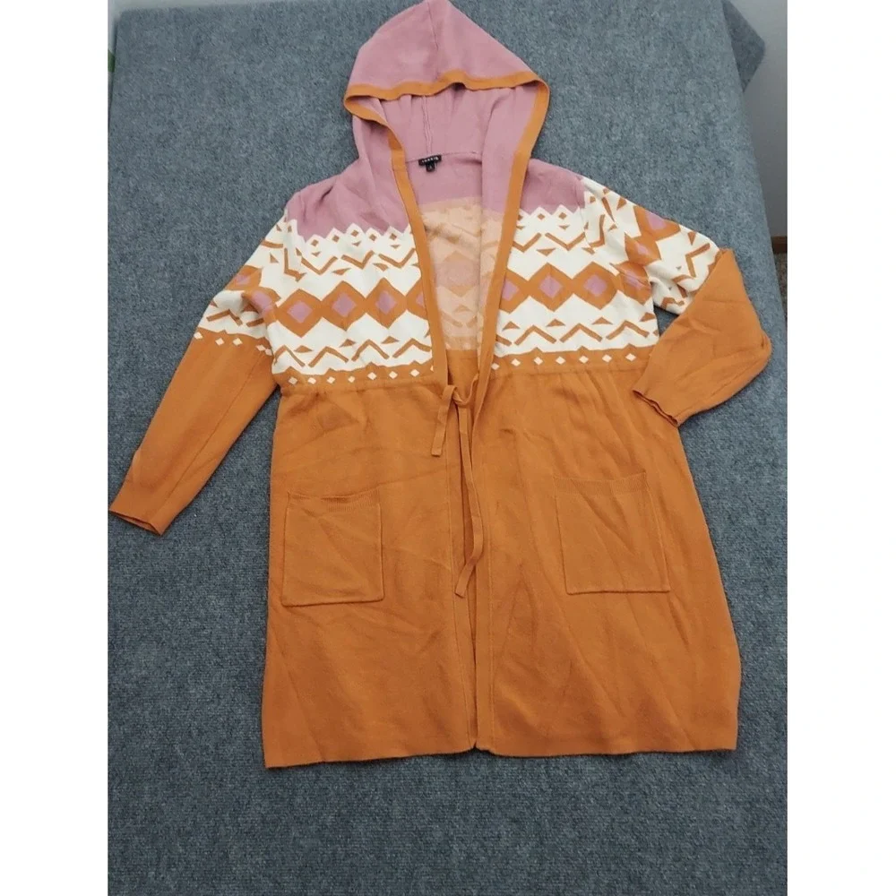 Torrid Cardigan Sweater womens 2X Orange Aztec Drawstring Long Hooded Pockets - Picture 2 of 11